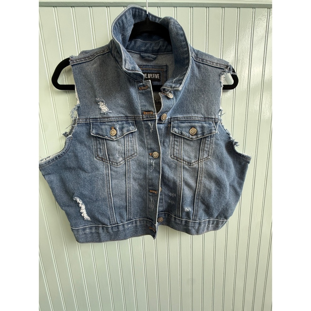 Five.By.Five Womens Distressed Denim Vest Medium Wash Frayed Crop L Grunge Biker